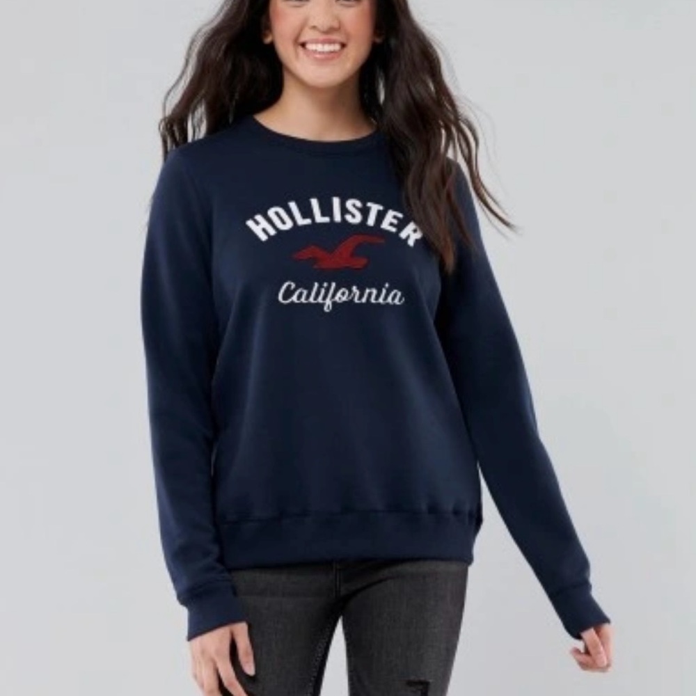 Hollister Womens Size large Blue LOGO GRAPHIC Crewneck SOFT SWEATSHIRT Y2K Surf